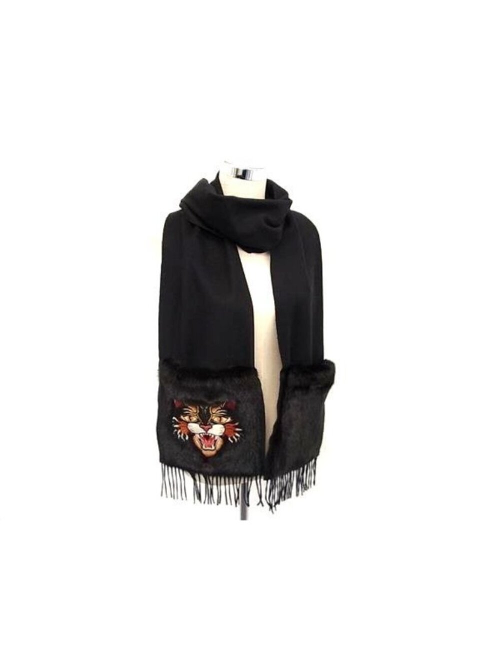 Gucci Angry Cat Silk Cashmere Mink Fringe Scarf Shawl Black